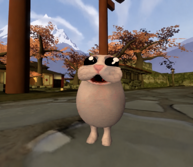 blobcat standing beside a mountain tea stall stacked with bamboo steamers of dumplings